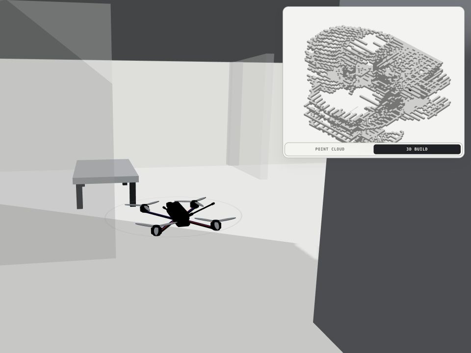 Drone exploring an indoor environment alongside a reconstructed 3D map