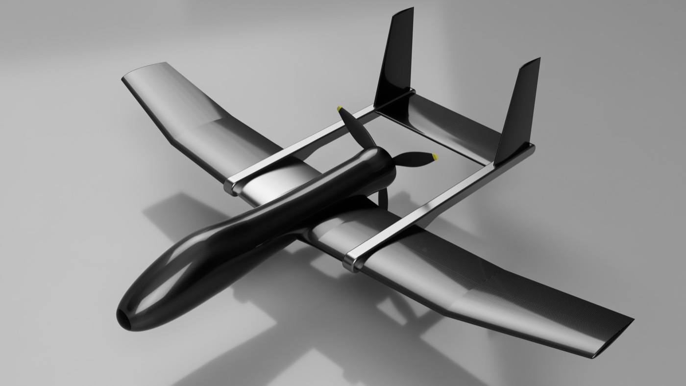 Twin-boom fixed-wing survey aircraft CAD render