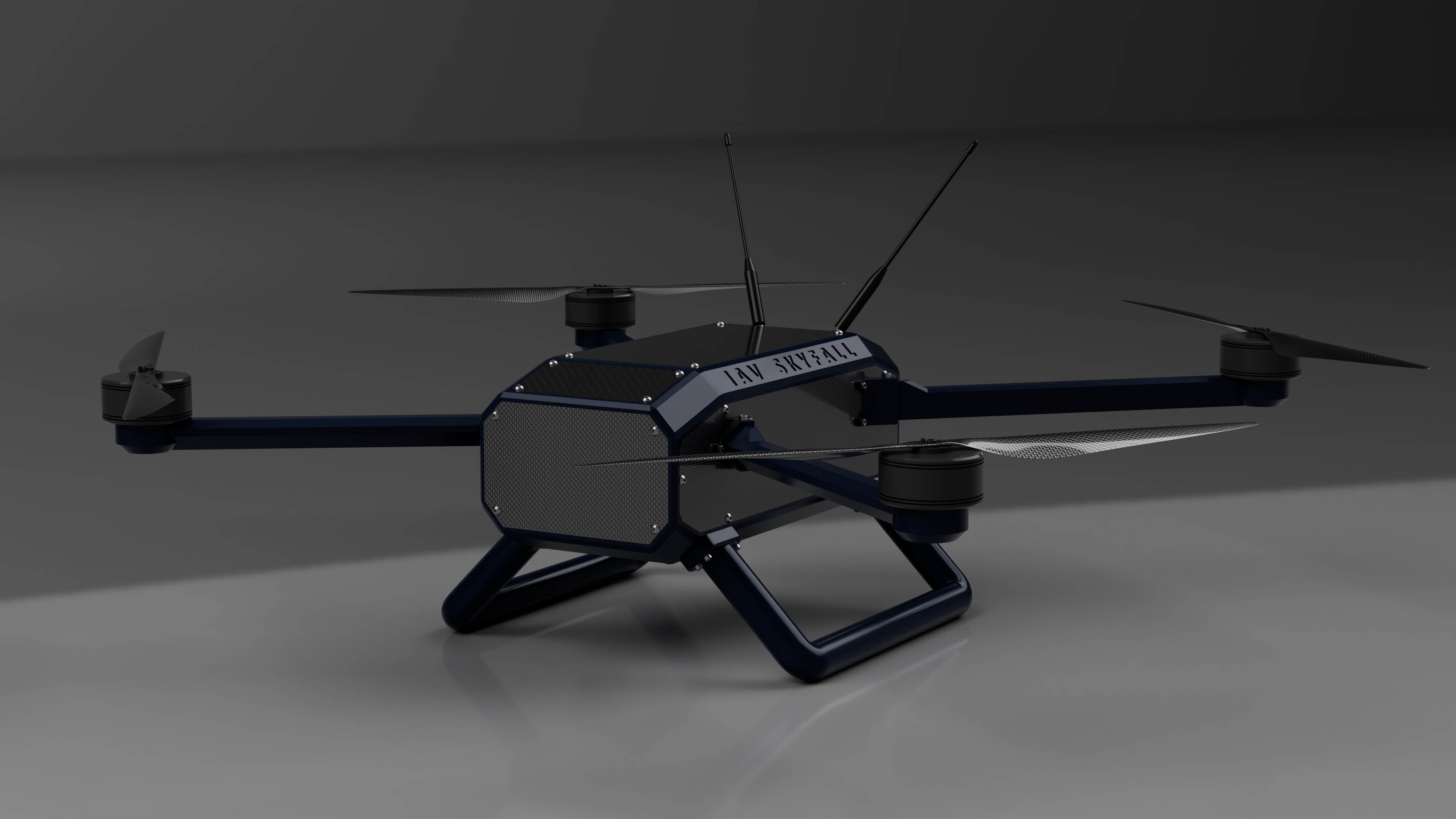 Skyfall quadcopter design with an aluminum chassis and carbon-fiber panels